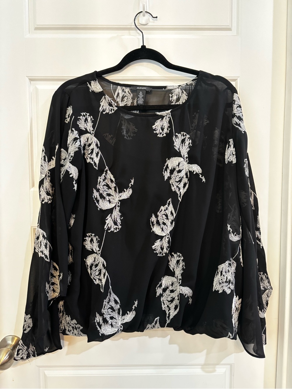 Alfani Black Sheer Blouse with White Floral Embroidery XL